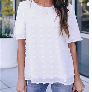 White Chiffon Short Sleeve Pom Pom Top Size XL XXL